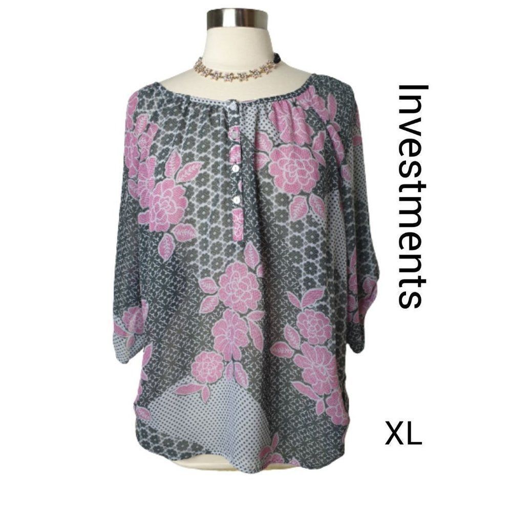 Investments Women's Blouse Elbow Sleeve Lightweight Semi Sheer Top XL NWOT